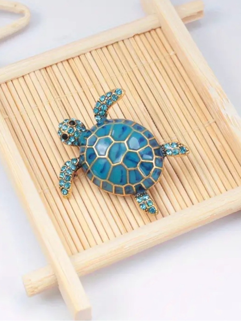 Blue Turtle Enamel & Crystal Brooch